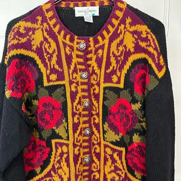 Vintage Sweater 1993 Casual Corner Chunky Cardigan Y2K Floral‎ Ramie Cotton M - Picture 3 of 7